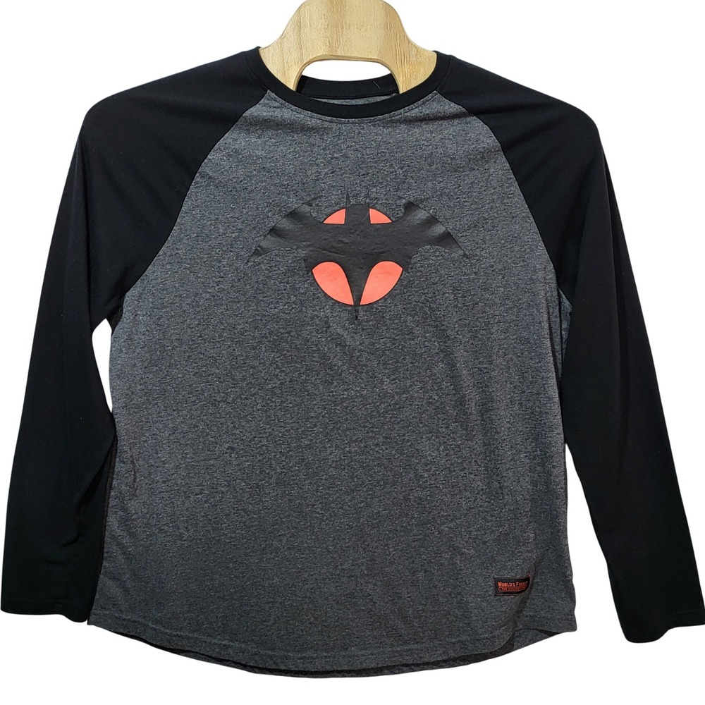 DC Comics Batman CultureFly Mens 2XL‎ Raglan Long Sleeve Graphic Tee Grey Black